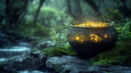 A mystical stone cauldron filled with glowing gold sits in a forest