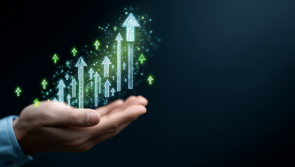 Open hand holding illuminated green upward arrows with dark background and sparkling light effects