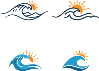 Collection of stylized ocean waves and bright sun illustrations, perfect for summer, travel, or beach-themed designs, evoking warmth and holiday spirit