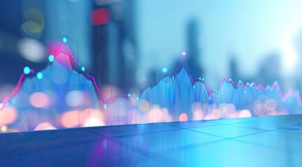 Abstract financial data visualization showing a dynamic graph superimposed over a blurred city nightscape, suggesting growth and market trends