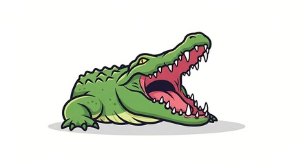 Vibrant Green Cartoon Alligator with Aggressively Open Jaws and RazorSharp Teeth Isolated Vector Illustration.