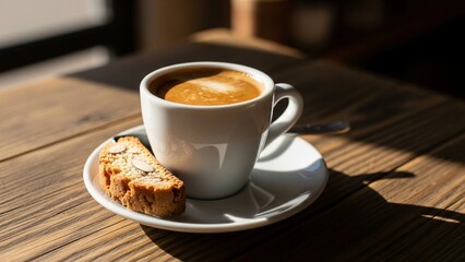 Close-up of Italian espresso served with biscotti on a rustic café table in natural daylight, warm tones, minimalist composition perfect for coffee culture concepts.