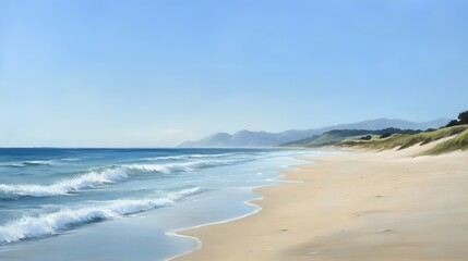 Serene beach landscape with gentle waves lapping at the shore, mountains in the background under clear skies