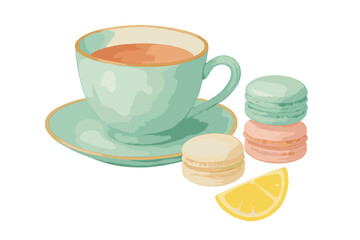 Delightful afternoon tea with colorful macarons and a slice of lemon on a light background