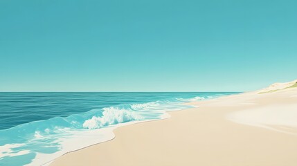 Fototapeta premium Serene beach landscape with gentle waves lapping at the shore under a clear blue sky