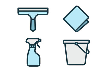 Household cleaning tools and supplies including squeegee, spray bottle, bucket, and cloth for domestic hygiene