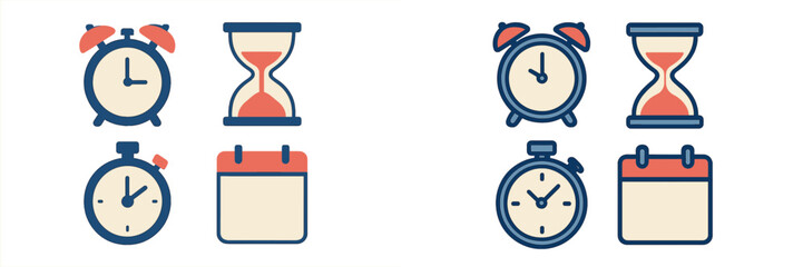 Various time management icons showing clocks, timers, and calendars for scheduling and organization purposes