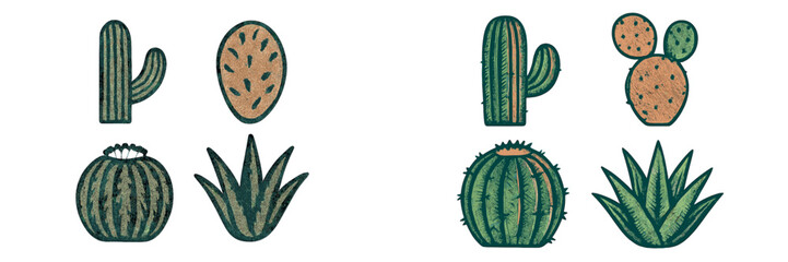 Stylized collection of desert cacti and succulent plants with textured details on a clean white background