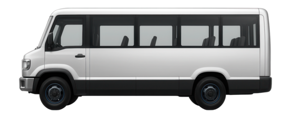 Small shuttle bus with clear side windows and distinctive front bumper