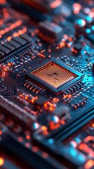 Fototapeta premium Close-up of glowing computer motherboard with central processor and circuits circuit board photo