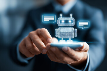Businessman in Gray Suit Holding Smartphone with Glowing Blue AI Chatbot Bubble Icon and Floating Speech Bubbles on Dark Background Close-Up View