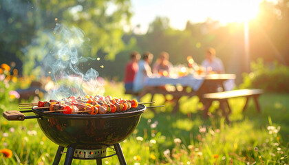 The Skewers Sizzling on a Grill at a Sunny Outdoor Picnic with Friends
