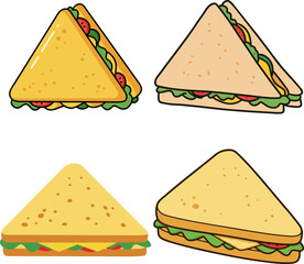 A vibrant set of isolated sandwich illustrations, showcasing classic triangular cut bread with fresh ingredients. A graphic food icon collection for culinary themes