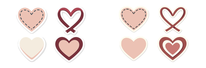 Assortment of charming heart designs featuring stitched outlines and ribbon elements in soft pastel tones