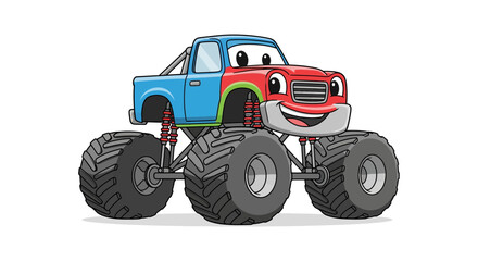 A blue and red monster truck with a friendly cartoon face and large tires, ready for adventure