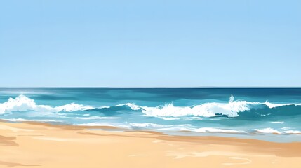 Fototapeta premium Serene beach scene with gentle waves lapping at the shore under a clear blue sky, evoking tranquility