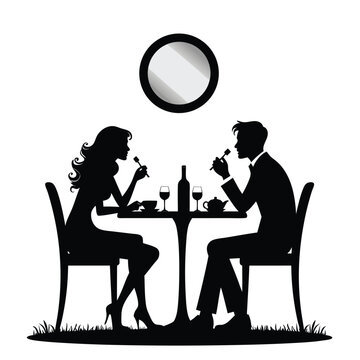 Couple dining silhouette with wine and tea set eating