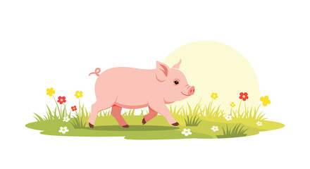 A happy pink piglet walks through a field of colorful wildflowers under a bright sun.