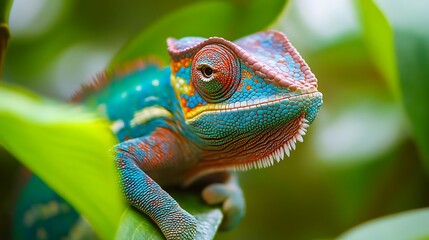 Fototapeta premium Close up of a colorful chameleon perched on a green leaf reptile lizard photo