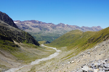 Fototapeta premium The view of Rotmoos spring in Oetztal valley not far from Obergurgl village, the Austrian valley 