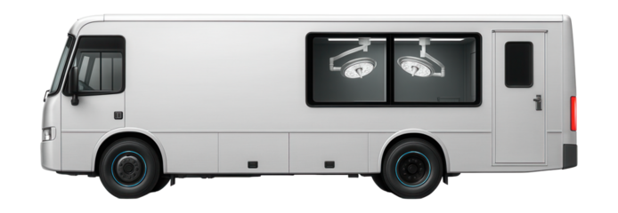 Mobile surgical unit bus with a sterile operating area and overhead surgical lights