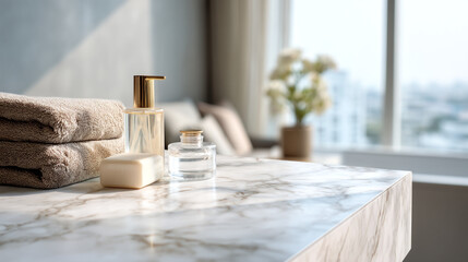 Still life of bathroom essentials on a marble countertop with a window in the background