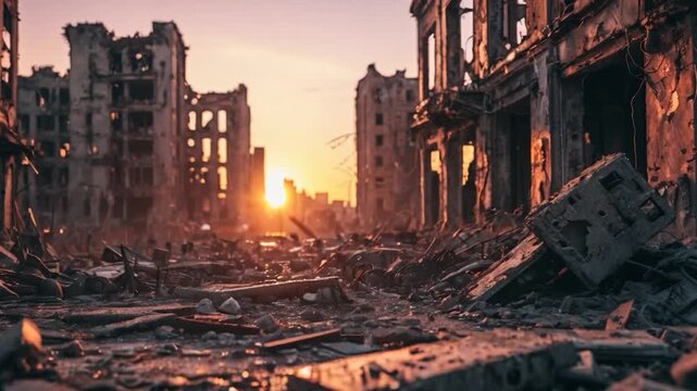 Deserted cityscape at sunset with a destroyed building in the foreground