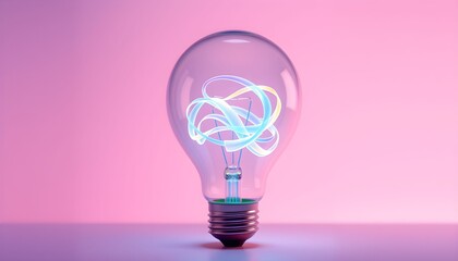 A glowing lightbulb with a swirling, abstract design inside, set against a pink background.