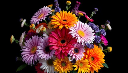 A vibrant bouquet of colorful gerbera daisies and other wildflowers arranged against a stark black background.