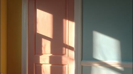 Pink paneled door with warm sunlight casting geometric shadows on adjacent yellow and blue walls pink door