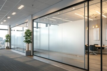 Modern office hallway with glass walls and frosted privacy screens