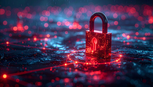 Digital padlock glowing in red and blue neon lights on a surface filled with circuit-like patterns symbolizing cybersecurity and data protection

