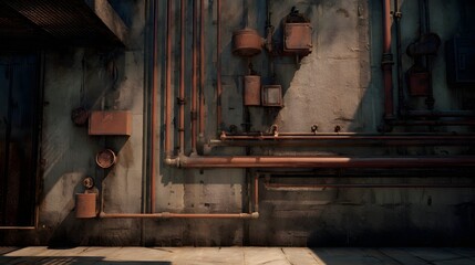 Industrial wall with copper pipes and weathered concrete texture plumbing machinery