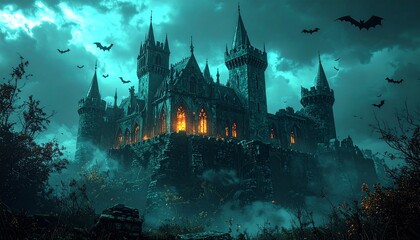A ruined gothic castle glowing with broken towers stormy teal background with bats flying
