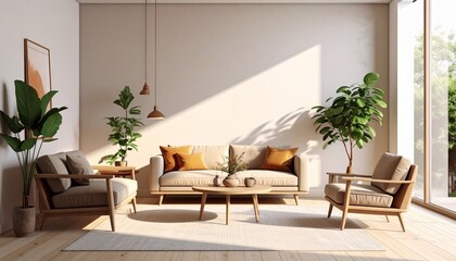 Modern interior living room with natural light and wooden furniture, aesthetic design