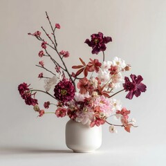 An elegant floral arrangement in muted pinks, purples, and reds, artfully arranged in a simple, round, white vase against a minimalist background