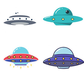 Collection of Whimsical Cartoon UFOs and Flying Saucers Depicting Diverse Extraterrestrial Vehicles in Playful Illustrations, Perfect for Science Fiction and Fantasy-Themed Designs