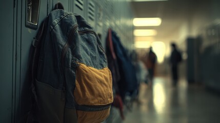 Flirting school hallway concept. Backpacks hanging in a school hallway, creating a sense of academic environment.
