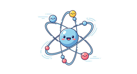 Happy Cartoon Atom with Electrons Orbiting in a Fun, Whimsical Style