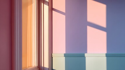 Soft pink and lavender walls with geometric sunlight shadows and window frame interior