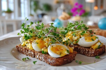 Fresh and Healthy Breakfast Plate with Scrambled Eggs, Sliced Boiled Eggs, and Microgreens on Whole Grain Bread for a Delicious Start to the Day