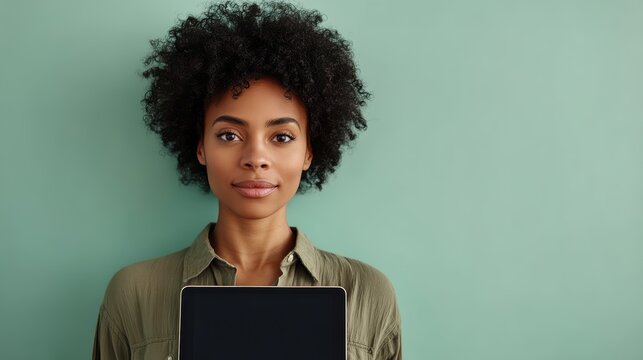 A smiling tanned woman with curly hair holds a tablet against a teal background. She looks directly at the camera, exuding confidence and approachability, cute office girl holding a blank tablet - Powered by Adobe