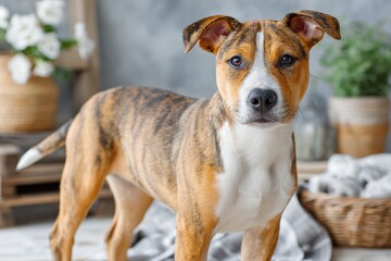 Beautiful Brown and White Dog Standing on a Floor Surrounded by Cozy Decor Items and Natural Elements in a Bright and Inviting Indoor Space