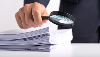 Person examining a large stack of documents with a magnifying glass, indicating scrutiny or detailed review.
