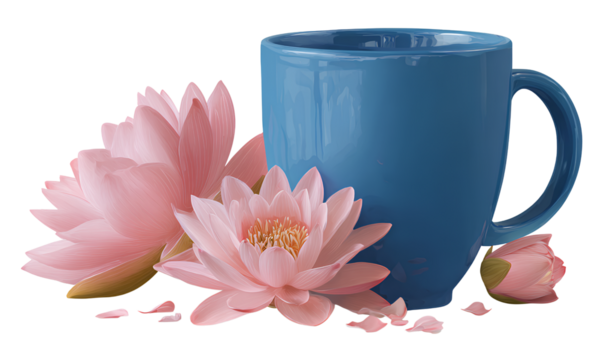 3d vector render of one blue coffee mug and two pink lotus flowers isolated on a transparent background