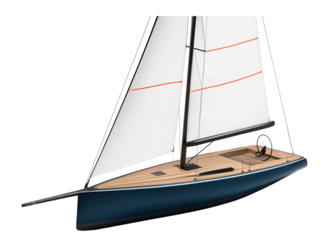 Sloop with a retractable bowsprit and a large mainsail for speed