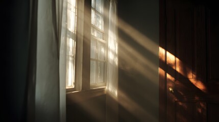 Sunlight rays streaming through window onto wooden door and wall sunbeams curtains