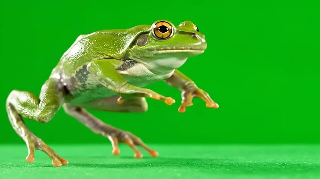 Frog jumping forward in slow motion isolated on green screen.