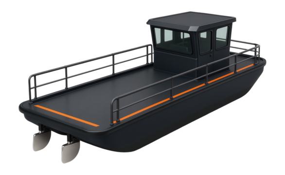 Self-propelled barge with twin rudders and enclosed wheelhouse