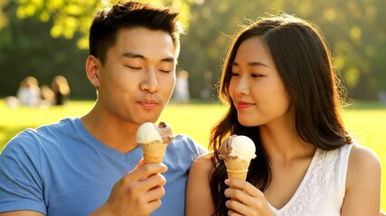 Asian couple smiling holding ice cream cones in a park on a sunny day with green grass behind them - Powered by Adobe